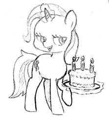 Size: 912x1024 | Tagged: safe, artist:tebasaki, character:trixie, species:pony, species:unicorn, cake, candle, female, grayscale, magic, mare, monochrome, solo, telekinesis