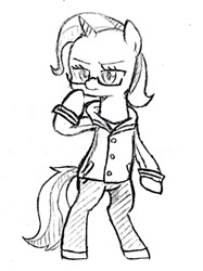 Size: 766x1024 | Tagged: safe, artist:tebasaki, character:trixie, species:pony, bipedal, clothing, female, glasses, grayscale, monochrome, simple background, solo, suit