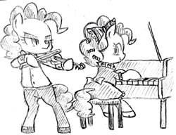Size: 1024x785 | Tagged: safe, artist:tebasaki, character:pinkie pie, species:earth pony, species:pony, bow, clothing, dexterous hooves, dress, duality, famihara, grayscale, hair bow, hoof shoes, monochrome, musical instrument, pants, piano, semi-anthro, shirt, simple background, violin