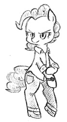 Size: 567x1024 | Tagged: safe, artist:tebasaki, character:pinkie pie, species:earth pony, species:pony, clothing, female, grayscale, hoof shoes, monochrome, pants, semi-anthro, shirt, solo, wristwatch