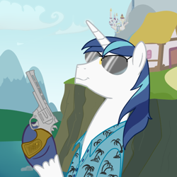 Size: 600x600 | Tagged: safe, artist:hudoyjnik, character:shining armor, clothing, grand theft auto, gta vice city, gun, hoof hold, male, revolver, shirt, smirk, solo, sunglasses, tommy vercetti, weapon, who needs trigger fingers