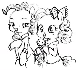 Size: 1024x931 | Tagged: safe, artist:tebasaki, character:pinkie pie, species:earth pony, species:pony, clothing, duality, eating, famihara, grayscale, hoof hold, ice cream, ice cream cone, licking, monochrome, semi-anthro, simple background, tongue out