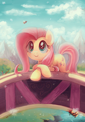 Size: 608x868 | Tagged: safe, artist:sophiesplushies, character:fluttershy, species:pegasus, species:pony, episode:filli vanilli, g4, my little pony: friendship is magic, bee, bridge, c:, cloud, cloudy, cute, dandelion, dawwww, featured on derpibooru, female, forest, hnnng, leaning, looking up, mare, mountain, mountain range, outdoors, river, scene interpretation, shyabetes, smiling, solo, sweet dreams fuel, tree, watching, watermark, weapons-grade cute, wingding eyes, wingless