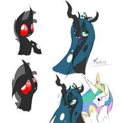 Size: 600x600 | Tagged: safe, artist:srmario, character:princess celestia, character:queen chrysalis, oc, species:changeling, red changeling