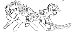 Size: 1024x478 | Tagged: safe, artist:tebasaki, character:applejack, character:pinkie pie, species:earth pony, species:pony, dual wield, grayscale, gun, handgun, hoof hands, monochrome, pistol, semi-anthro, simple background, sword, weapon