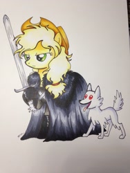 Size: 2448x3264 | Tagged: safe, artist:catscratchpaper, character:applejack, character:winona, filly, game of thrones, ghost (got), jon snow, traditional art