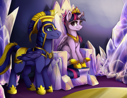 Size: 1099x850 | Tagged: safe, artist:mr-tiaa, character:twilight sparkle, character:twilight sparkle (alicorn), oc, oc:zephyr, species:alicorn, species:pegasus, species:pony, armor, canon x oc, crown, element of magic, female, friendship throne, hoof shoes, mare, new crown, regalia, royal guard, sitting, smiling, tail wrap, throne, twiphyr