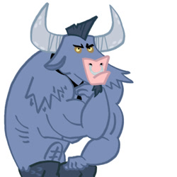 Size: 480x480 | Tagged: safe, artist:songoharotto, character:iron will, species:minotaur, angry, cute, fine art parody, madorable, male, necktie, nose piercing, nose ring, piercing, simple background, solo, the thinker, white background, willabetes
