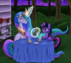 Size: 897x800 | Tagged: safe, artist:paper-pony, character:princess celestia, character:twilight sparkle, dusk, outdoors, tea, tea party, twilight (astronomy)