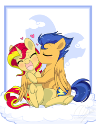 Size: 1280x1656 | Tagged: safe, artist:inkie-heart, character:flash sentry, character:sunset shimmer, species:pegasus, species:pony, species:unicorn, ship:flashimmer, anime battle thread, blushing, cloud, cloudy, cute, diasentres, eyes closed, female, happy, heart, hug, kiss on the cheek, kissing, male, open mouth, shimmerbetes, shipping, sitting, smiling, straight, underhoof, winghug
