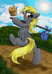 Size: 691x976 | Tagged: safe, artist:nipa, character:derpy hooves, species:pony, bipedal, female, hoof hold, muffin, open mouth, pixiv, semi-anthro, smiling, solo, tarot, the fool, walking