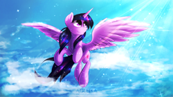 Size: 2560x1440 | Tagged: safe, artist:agletka, character:twilight sparkle, character:twilight sparkle (alicorn), species:alicorn, species:pony, female, flying, mare, sky, smiling, solo, spread wings, wings