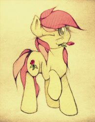 Size: 967x1244 | Tagged: safe, artist:agletka, character:roseluck, female, mouth hold, pixiv, rose, solo, traditional art