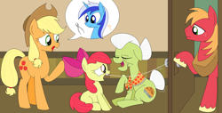 Size: 1367x692 | Tagged: safe, artist:hyolark, character:apple bloom, character:applejack, character:big mcintosh, character:granny smith, character:minuette, species:earth pony, species:pony, male, stallion, string, this will end in pain, this will end in tears, tooth pulling