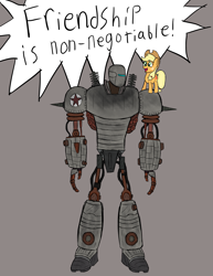 Size: 2607x3377 | Tagged: safe, artist:zaponator, character:applejack, dialogue, fallout, fallout 3, gray background, liberty prime, simple background