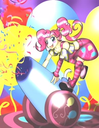 Size: 1990x2555 | Tagged: safe, artist:fourze-pony, character:pinkie pie, species:human, cannon, clothing, cute, female, humanized, party cannon, solo