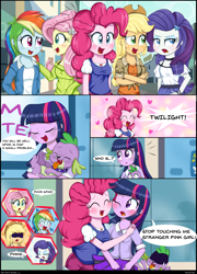 Size: 2466x3425 | Tagged: safe, artist:lucy-tan, character:applejack, character:fluttershy, character:pinkie pie, character:rainbow dash, character:rarity, character:spike, character:twilight sparkle, species:dog, ship:twinkie, my little pony:equestria girls, :3, blushing, comic, engrish, eyes closed, female, frown, hilarious in hindsight, hug, humane six, lesbian, mane seven, mane six, open mouth, shipping, smiling, spike the dog, sweat, sweatdrop, tongue out, wink