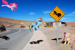 Size: 1001x661 | Tagged: safe, artist:bobsicle0, artist:digitalpheonix, artist:drewdini, artist:emedina13, character:fluttershy, character:pinkie pie, character:rainbow dash, species:human, house, irl, photo, ponies in real life, road, shadow, sign, street, vector, warning