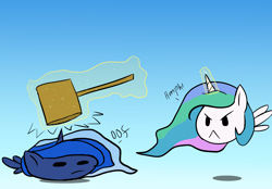Size: 6250x4356 | Tagged: safe, artist:icesticker, character:princess celestia, character:princess luna, chubbie, lunadoodle, :<, absurd resolution, angry, blob ponies, frown, glare, hammer, hitting, jumping, levitation, magic, mallet, one word, squishy, telekinesis, too many ponies