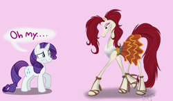 Size: 2252x1317 | Tagged: safe, artist:calicopikachu, character:rarity, species:pony, clothing, crossover, female, high heels, horse-pony interaction, mare, skirt, struts