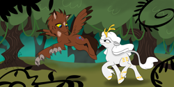 Size: 2000x1000 | Tagged: safe, artist:calicopikachu, oc, oc only, species:hippogriff, species:kirin, claws, curved horn, duo, everfree forest, forest, horn, paws, star (coat marking), tree