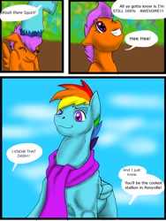 Size: 1200x1600 | Tagged: safe, artist:tristanjsolarez, character:rainbow dash, character:scootaloo, species:pegasus, species:pony, comic:trans ponies, clothing, comic, duo, female, filly, male, scarf, stallion, transgender, worm's eye view