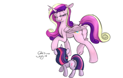 Size: 2200x1400 | Tagged: safe, artist:xcopyen002, character:princess cadance, character:twilight sparkle, character:twilight sparkle (unicorn), species:alicorn, species:pony, species:unicorn, butt, dock, duo, duo female, female, filly, filly twilight sparkle, foal, lovebutt, plot, signature, younger