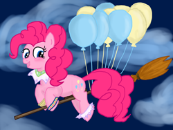 Size: 1024x768 | Tagged: safe, artist:moekonya, artist:rioumcdohl26, character:pinkie pie, arche klaine, balloon, blushing, broom, cloud, female, flying, flying broomstick, looking back, night, night sky, open mouth, smiling, solo, tales of phantasia, tales of series, then watch her balloons lift her up to the sky