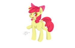 Size: 2200x1400 | Tagged: safe, artist:xcopyen002, character:apple bloom, species:earth pony, species:pony, blank flank, bloom butt, blushing, bow, butt, dock, female, filly, foal, hair bow, happy, looking at you, looking back, looking back at you, one hoof raised, plot, raised hoof, signature, simple background, smiling, smiling at you, solo, standing, white background