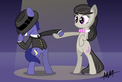 Size: 8486x5738 | Tagged: safe, artist:drewdini, character:octavia melody, oc, species:earth pony, species:pony, absurd resolution, bipedal, bow tie, clothing, dancing, fedora, female, frown, grin, hat, holding hooves, hoof hold, male, mare, necktie, smiling, spotlight, squee, stallion, suit, wide eyes