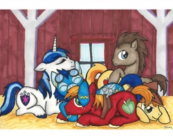 Size: 1986x1588 | Tagged: safe, artist:catscratchpaper, character:big mcintosh, character:braeburn, character:doctor whooves, character:shining armor, character:soarin', character:time turner, species:earth pony, species:pony, male, pony pile, stallion, traditional art