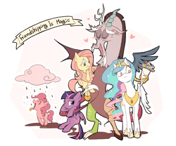 Size: 1200x1000 | Tagged: safe, artist:raichi, character:discord, character:fluttershy, character:pinkie pie, character:princess celestia, character:twilight sparkle, character:twilight sparkle (alicorn), species:alicorn, species:pony, ship:discolight, ship:discopie, ship:discoshy, ship:dislestia, blushing, chocolate milk, chocolate rain, discord being discord, discord gets all the mares, female, flower, friendship, harem, locket, lucky bastard, male, mare, old banner, open mouth, pinkie being pinkie, shipping, straight, varying degrees of amusement, varying degrees of want