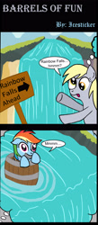 Size: 1920x4390 | Tagged: safe, artist:icesticker, character:derpy hooves, character:rainbow dash, species:pegasus, species:pony, episode:rainbow falls, g4, my little pony: friendship is magic, :o, barrel, bound wings, comic, confused, female, floppy ears, gag, mare, peril, pun, rainbond dash, rope, tape gag, tied up, waterfall, wide eyes, woody woodpecker