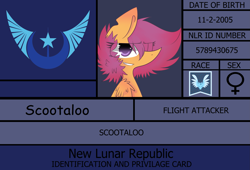 Size: 3071x2088 | Tagged: safe, artist:scootaloocuteness, character:scootaloo, species:pegasus, species:pony, female, id, misspelling, new lunar republic, scootaloo can fly, solo