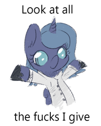 Size: 378x469 | Tagged: safe, artist:ponykai, edit, character:princess luna, cute, female, filly, image macro, look at all the fucks i give, meme, no fucks, science woona, solo, vulgar, woona