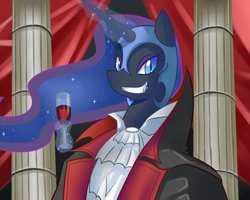 Size: 1000x800 | Tagged: dead source, safe, artist:sallymon, character:nightmare moon, character:princess luna, alcohol, castlevania, castlevania: symphony of the night, crossover, dracula, female, mane, pillar, solo, what is a man, wine, wine glass
