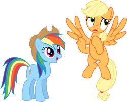Size: 7769x6265 | Tagged: safe, artist:mysteriouskaos, character:applejack, character:rainbow dash, species:earth pony, species:pegasus, species:pony, absurd resolution, accessory swap, earth pony rainbow dash, flapplejack, hatless, missing accessory, race swap, simple background, transparent background, vector