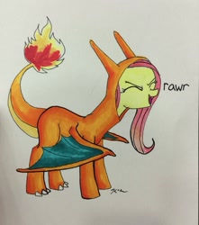 Size: 1068x1208 | Tagged: safe, artist:catscratchpaper, character:fluttershy, charizard, clothing, costume, crossover, female, pokémon, rawr, solo, traditional art