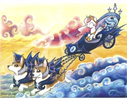 Size: 3598x2878 | Tagged: safe, artist:catscratchpaper, character:princess celestia, character:princess luna, species:alicorn, species:dog, species:pony, chariot, corgi, filly, luna's chariot, pink-mane celestia, pouting, traditional art, woona, younger
