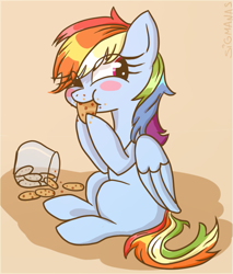 Size: 655x767 | Tagged: safe, artist:sigmanas, character:rainbow dash, species:pegasus, species:pony, :t, blush sticker, blushing, cookie, cookie jar, cute, dashabetes, eating, eye clipping through hair, female, food, looking back, mare, missing cutie mark, nom, puffy cheeks, sitting, smiling, solo, щщоки