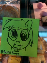 Size: 600x810 | Tagged: safe, artist:postitpony, character:derpy hooves, species:pegasus, species:pony, bronycon, female, mare, muffin, solo, traditional art