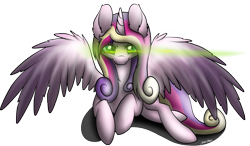 Size: 6249x3638 | Tagged: safe, artist:strachattack, character:princess cadance, character:queen chrysalis, species:changeling, absurd resolution, disguise, disguised changeling, fake cadance, female, glowing eyes, looking at you, prone, solo, spread wings, wings