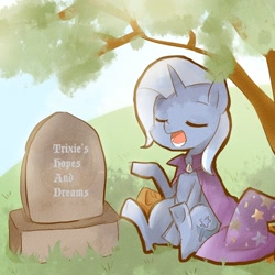 Size: 800x800 | Tagged: safe, artist:gyaheung, edit, character:trixie, species:pony, species:unicorn, epitaph, eyes closed, female, grave, gravestone, here lies squidward's hopes and dreams, mare, meme, one krabs trash, open mouth, orphan, photoshop, sitting, solo, spongebob squarepants, squidward tentacles, what a baby