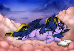 Size: 1000x694 | Tagged: safe, artist:mr-tiaa, character:twilight sparkle, character:twilight sparkle (alicorn), oc, oc:zephyr, species:alicorn, species:pegasus, species:pony, g4, belly, book, canon x oc, cloud, cloudy, cuddling, female, hoof on belly, hug, male, mama twilight, nuzzling, on side, one eye closed, pregnant, reading, smiling, snuggling, spread wings, straight, twiphyr, wings, wink