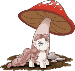 Size: 1491x1396 | Tagged: safe, artist:hollowzero, species:pony, g1, :<, cute, female, frown, little whiskers, looking up, micro, mushroom, simple background, solo, tiny, tiny ponies, transparent background