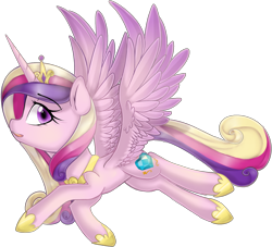 Size: 2092x1900 | Tagged: safe, artist:meotashie, character:princess cadance, female, flying, looking at you, solo, spread wings, wings
