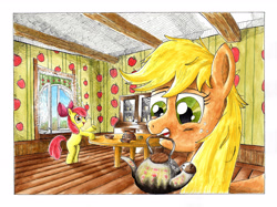 Size: 4674x3498 | Tagged: safe, artist:mcstalins, character:apple bloom, character:applejack, species:earth pony, species:pony, apple sisters, duo, female, filly, foal, mare, morning ponies, mouth hold, siblings, sisters, table, teapot, traditional art