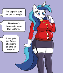 Size: 3000x3500 | Tagged: safe, artist:lordstormcaller, character:shining armor, species:anthro, belly, blushing, breasts, busty gleaming shield, chubby, fat, female, gleaming shield, muffin top, need to go on a diet, need to lose weight, rule 63, shining blubber, solo, tight clothing, too fat, weight gain