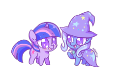 Size: 1038x650 | Tagged: safe, artist:kelsea-chan, character:trixie, character:twilight sparkle, character:twilight sparkle (unicorn), species:pony, species:unicorn, chibi, cute, diatrixes, duo, female, mare, no pupils, open mouth, simple background, transparent background, twiabetes