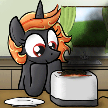 Size: 355x355 | Tagged: source needed, safe, artist:paper-pony, oc, oc only, oc:incendia, species:pony, species:unicorn, fanfic:antipodes, animated, burning, solo, some men just want to watch the world burn, toaster